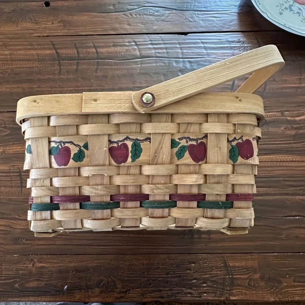 Vintage Woven Wood Splint Apple Basket Farmhouse Decor Swing Handle Rectangular